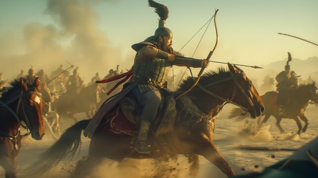 Mongol Warrior on Horseback Drawing Bow During Fast Paced Battle