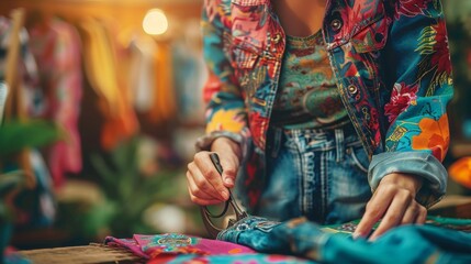Artisan Sewing Colorful Embroidered Clothing at Vibrant Outdoor Market. Generative ai