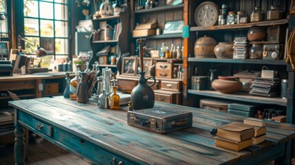 Naklejka premium Vintage Study Room with Classic Books, Stylish Home Decor, and Wooden Table. Generative ai