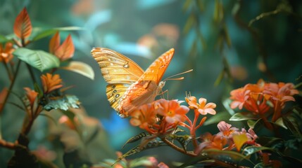 Vibrant Orange Butterfly on Blossoming Flowers in Sunlit Garden. Generative ai