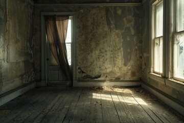 Stark room with weathered walls reflects the passage of time as sunlight filters in, evoking a sense of forgotten history