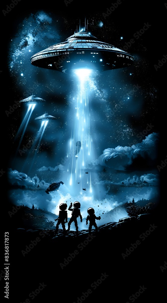 Aufkleber a group of people are standing in front of an alien spaceship. the spaceship is hovering in the sky 