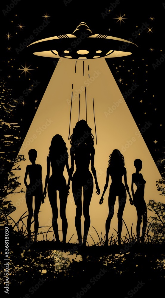 Poster a group of aliens are walking in a field with a large, glowing, black object in the background