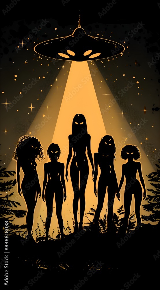 Poster a group of aliens are walking in a field with a large, glowing, black object in the background