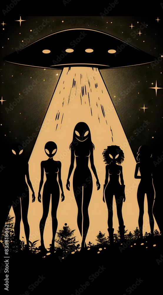 Poster a group of aliens are walking in a field with a large, glowing, black object in the background