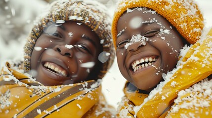 Joyful African Kids Enjoying Snowfall in Yellow Winter Outfits. Climate change concept. Generative ai