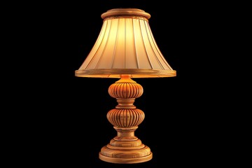 Elegant vintage table lamp with a pleated cream shade and ornate wooden base, casting a warm glow, isolated against a black background.