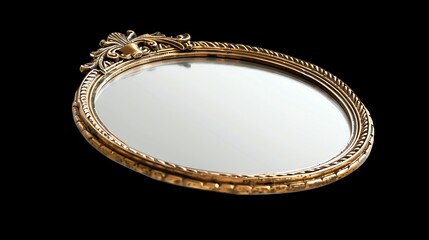 Elegant vintage oval mirror with intricate gold frame, isolated on black background, perfect for interior decor or antique collections.