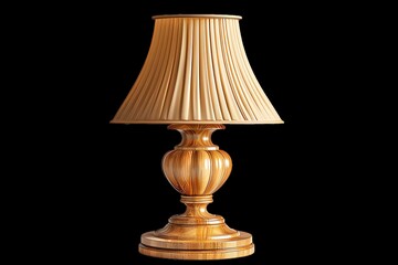 Elegant vintage wooden table lamp with a pleated beige lampshade, isolated on a black background. Perfect for home decor and interior design.