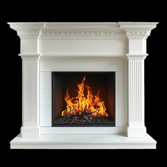 Elegant white fireplace with a roaring fire, showcasing a classic mantel design, perfect for home interior decor and cozy atmosphere.