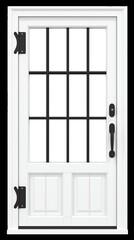 Elegant white door with black hardware and clear glass panels, isolated on white background. Ideal for architectural and home design projects.