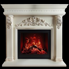 Elegant white ornate fireplace with realistic flames, perfect for adding a touch of warmth and sophistication to any room.