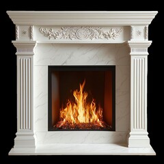 Elegant white marble fireplace with a warm, inviting fire burning brightly, surrounded by intricate carvings and a classic design.