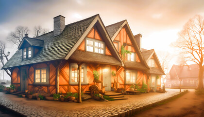 3d render of the old town with a wooden house and lanterns in the evening