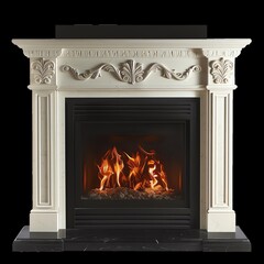 Elegant white stone fireplace with decorative details, featuring a vibrant fire, creating a warm and cozy atmosphere in a classic design.