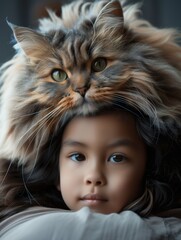 Indoor photo from a little girl with her cute maine coon cat, at home