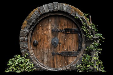 Rustic round wooden door with iron hinges, surrounded by stone and greenery, creating a fairytale entrance.