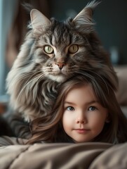 Indoor photo from a little girl with her cute maine coon cat, at home
