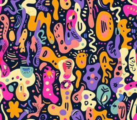 Vibrant and Playful Seamless Pattern of Quirky Doodle Style Shapes in Contrasting Colors