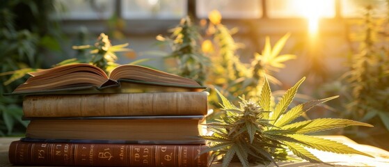 Educational books on cannabis cultivation and history bathed in sunlight, creating a warm inviting