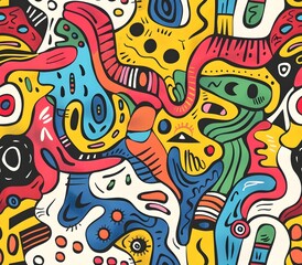 Vibrant Cartoonish Seamless Pattern of Playful Doodle Style Shapes in Bright Cheerful Colors