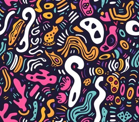 Vibrant Cartoonish Doodle Pattern with Quirky Shapes and Contrasting Colors