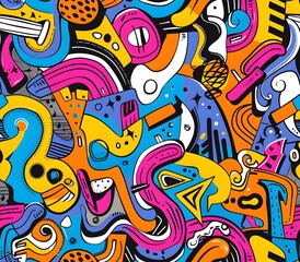 Vibrant Cartoonish Seamless Pattern of Quirky Doodle Shapes and Vivid Primary Colors