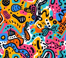 Vibrant Cartoonish Seamless Pattern with Doodle Inspired Shapes and Bold Color Scheme