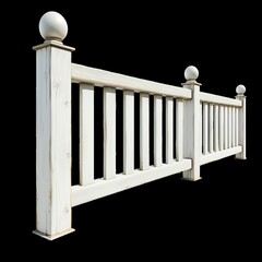 White wooden fence panel with decorative posts and spherical tops isolated on a black background, ideal for outdoor design concepts.