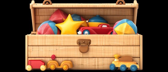 Wooden toy chest filled with colorful toys including balls, stars, cars, and trains, perfect for playful children's room decor.