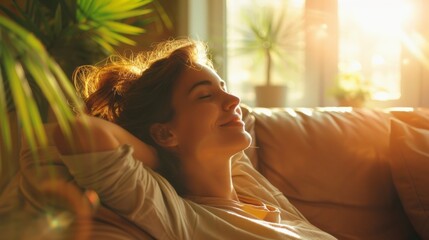 A woman is laying on a couch with her head on her hand