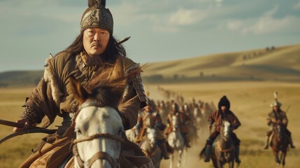 Genghis Khan Leading His Warriors on Horseback Across the Plains
