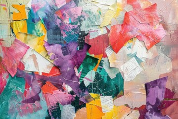 Fototapeta premium Vibrant mixed media canvas with dynamic layers of paint and collage textures