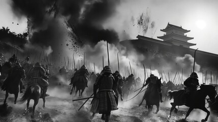 Epic Black and White Samurai Battle Scene with Castle in Background