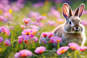 Fototapeta premium Hase auf der Alm mit Blumenwiese im Sommer