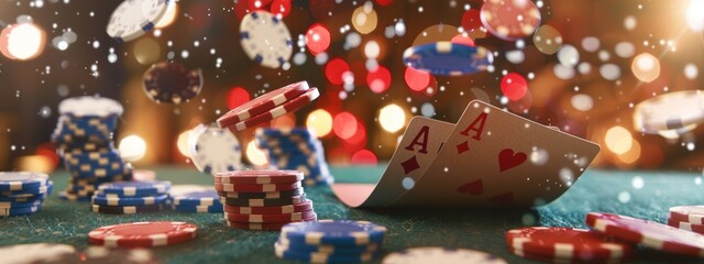 Obraz premium A pile of chips on the table, cards flying around, entertainment, relaxation, passing time, gambling prohibited, property crisis, living habits, hobbies, 4k high-definition wallpaper, background, gene