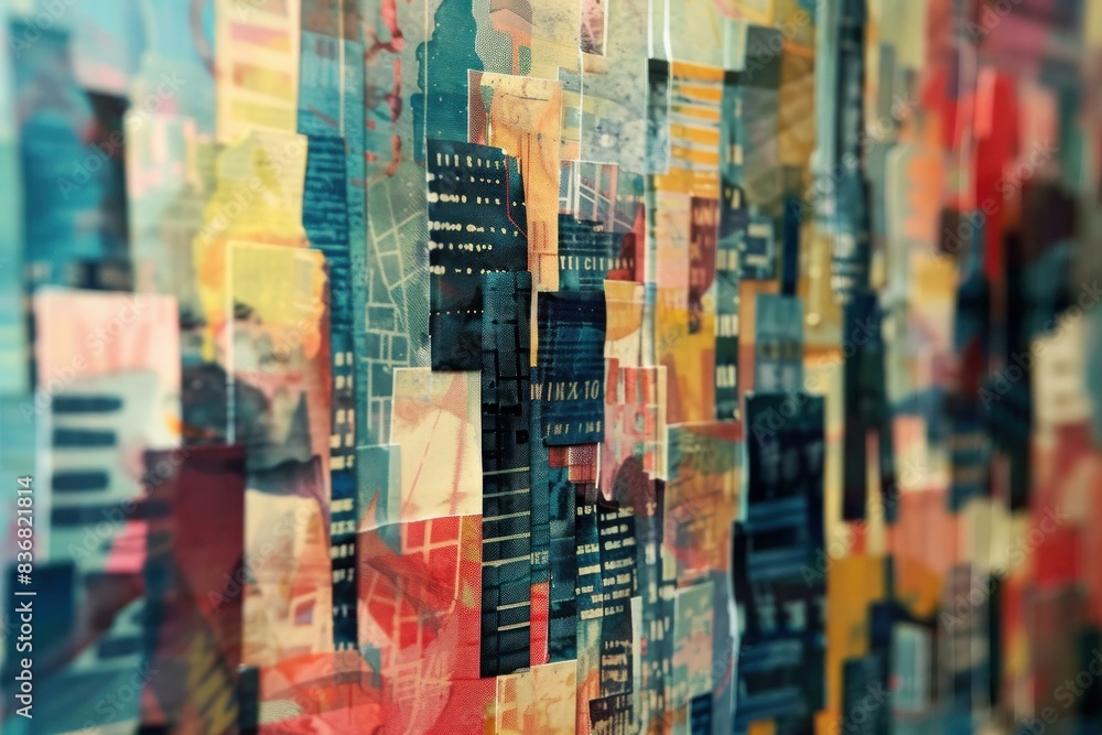 Poster artistic representation of cityscape with layered textures and colors