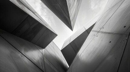 A black and white photo of a building with three triangular shaped windows