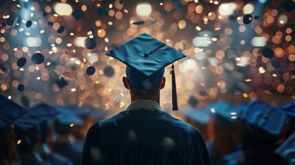 A man wearing a blue cap and gown stands in front of a crowd of graduates