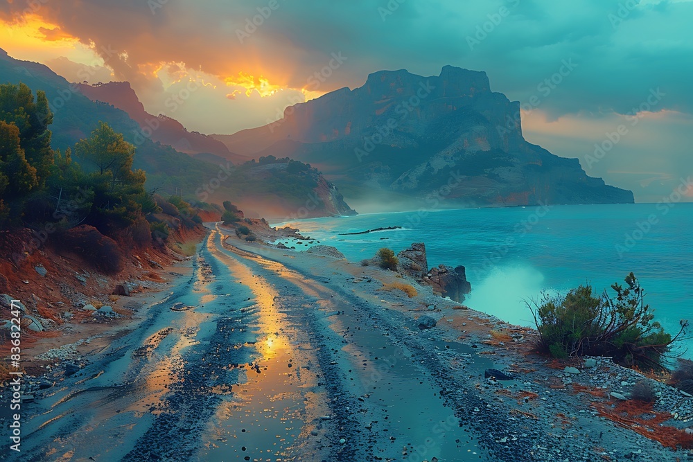 Wall mural View of road by the sea with mountain in sunrise time in background.