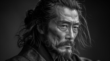 Black and White Intense Portrait of Miyamoto Musashi with Focused Expression