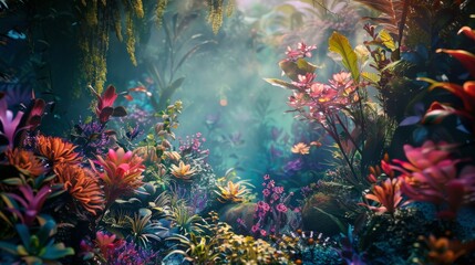A colorful, lush jungle scene with a variety of flowers and plants