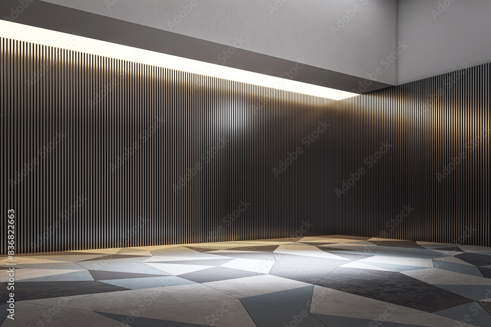 Leinwandbilder an empty modern gallery space with a patterned floor and vertical striped wall, lit with soft ambien