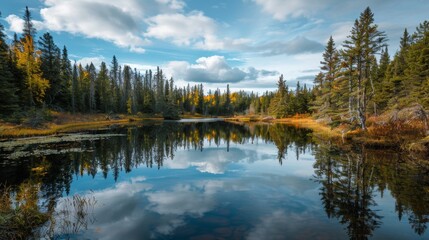 Fototapeta premium A serene lake surrounded by trees with a cloudy sky in the background