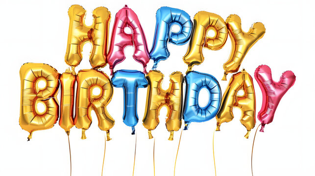 Colorful HAPPY BIRTHDAY words made of inflatable balloons isolated on white background