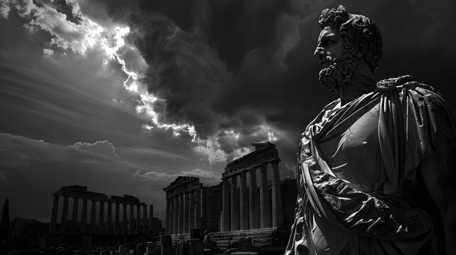 Greek sculpture of an old stoic man, roman god statue, black and white
