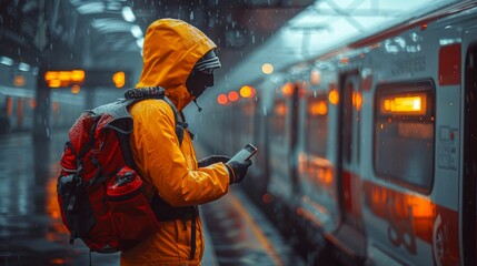 Obraz premium Traveler in Yellow Jacket Waiting for Train on Rainy Day. Generative ai