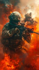 Soldiers in Combat with Fire and Smoke. Generative ai