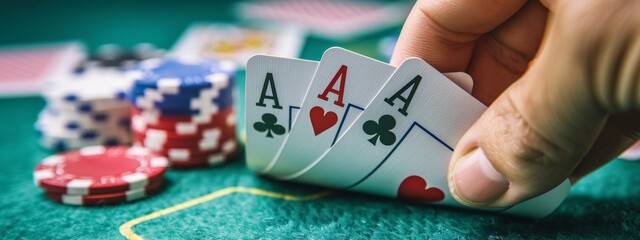 Playing cards with poker in hand, close-up, entertainment, relaxation, pastime time, gambling prohibited, property crisis, lifestyle habits, hobbies, 4k high-definition wallpaper, background, generate