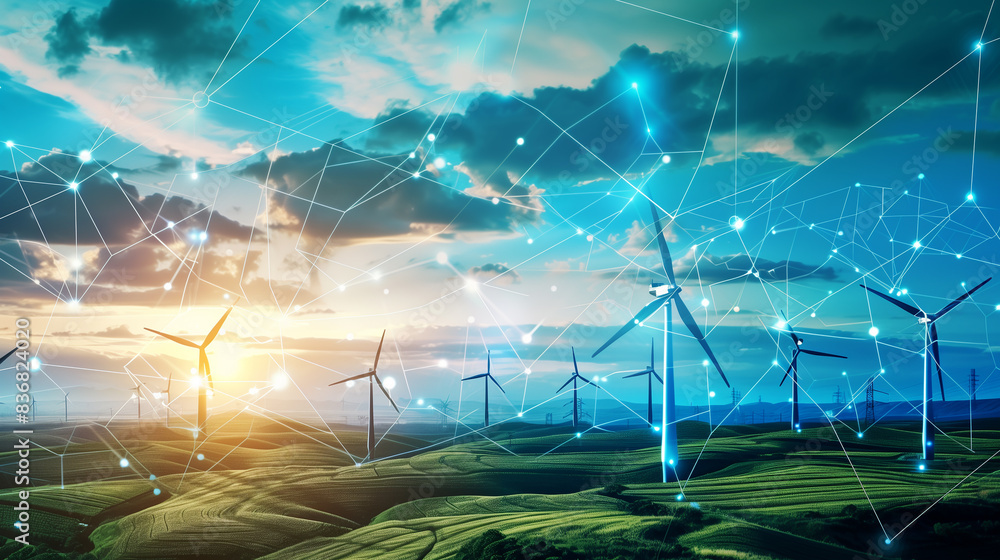 Poster a futuristic cityscape with many wind turbines and a few other structures. the wind turbines are con